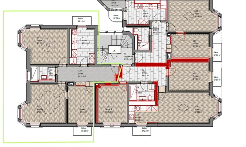 Floor plan of a multi-room apartment with several bedrooms, bathrooms, kitchen, living area, and multiple balconies.