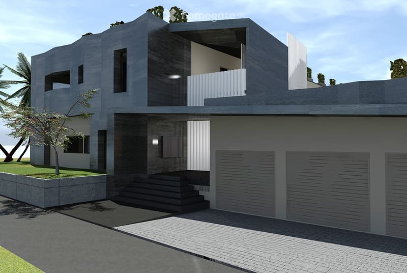Modern two-story house with grey concrete exterior, large windows, and a raised ground floor. Features include a balcony on the upper level and a small garden area with trees.