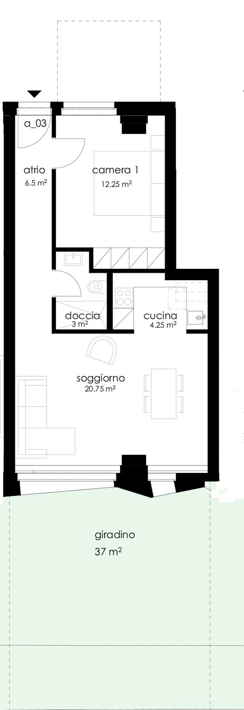 Floor plan of a compact apartment featuring an entrance area, living room, bedroom, kitchen, bathroom, and a garden.