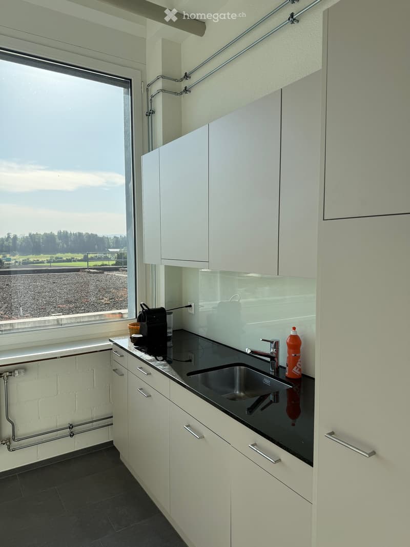 Modern kitchen with white cabinets, black countertop, stainless steel sink, and a large window overlooking a landscape.