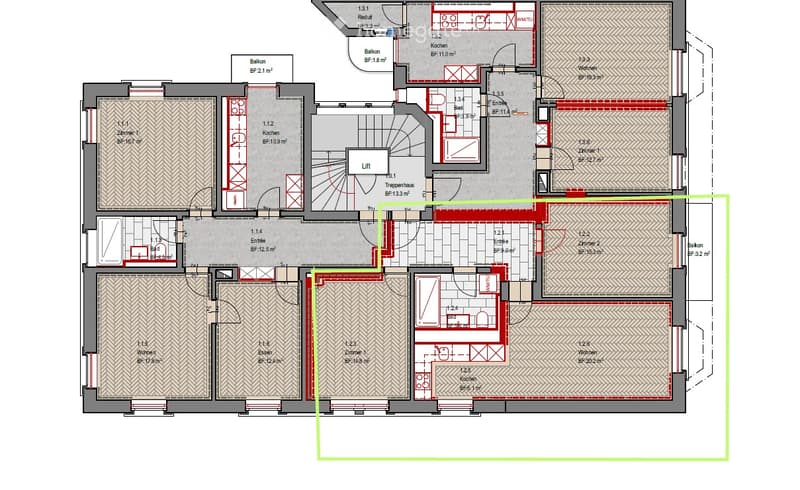 Floor plan of a multi-room apartment with living room, kitchen, bedrooms, bathrooms, and balconies.
