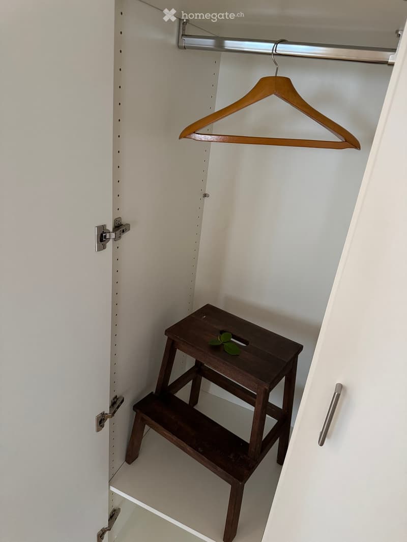 An empty closet with white walls, a wooden hanger, and a small wooden step stool with a leaf on top.