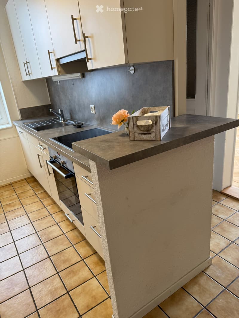 Modern kitchen with light-colored cabinets, stainless steel sink, and a dark countertop. A small wooden crate with a flower vase sits on the counter.
