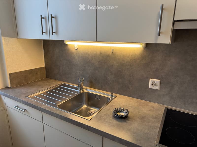 Modern kitchen with stainless steel sink, electric stove, white cabinets, and a decorative bowl on the countertop.