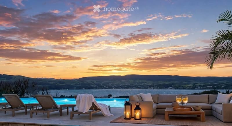 Outdoor patio area with a swimming pool, lounge chairs, a sofa, coffee table, and lanterns, overlooking a scenic view of a lake and hills at sunset.