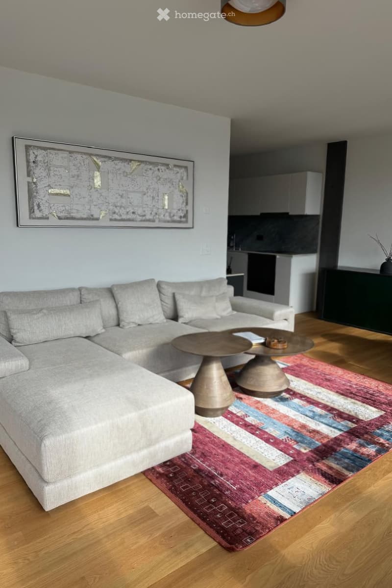 Modern living room with a grey sectional sofa, a round metallic coffee table, a colorful striped rug, and a large abstract picture frame on the wall. The room features light wooden flooring and a contemporary design.