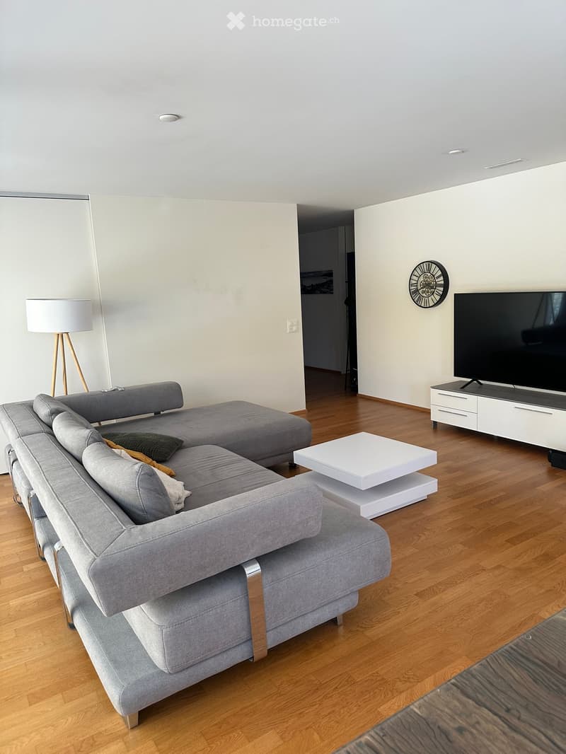 Modern living room with grey sectional sofa, white coffee table, floor lamp, TV on cabinet, and a wall clock.
