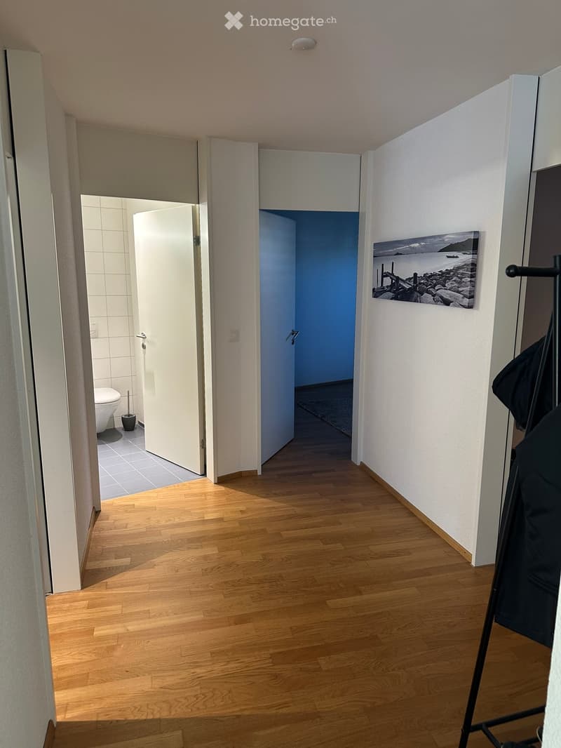 A well-lit hallway with wooden flooring, white walls, and doors leading to a bathroom and another room. A picture frame is mounted on the wall, and a coat rack is visible on the right side.