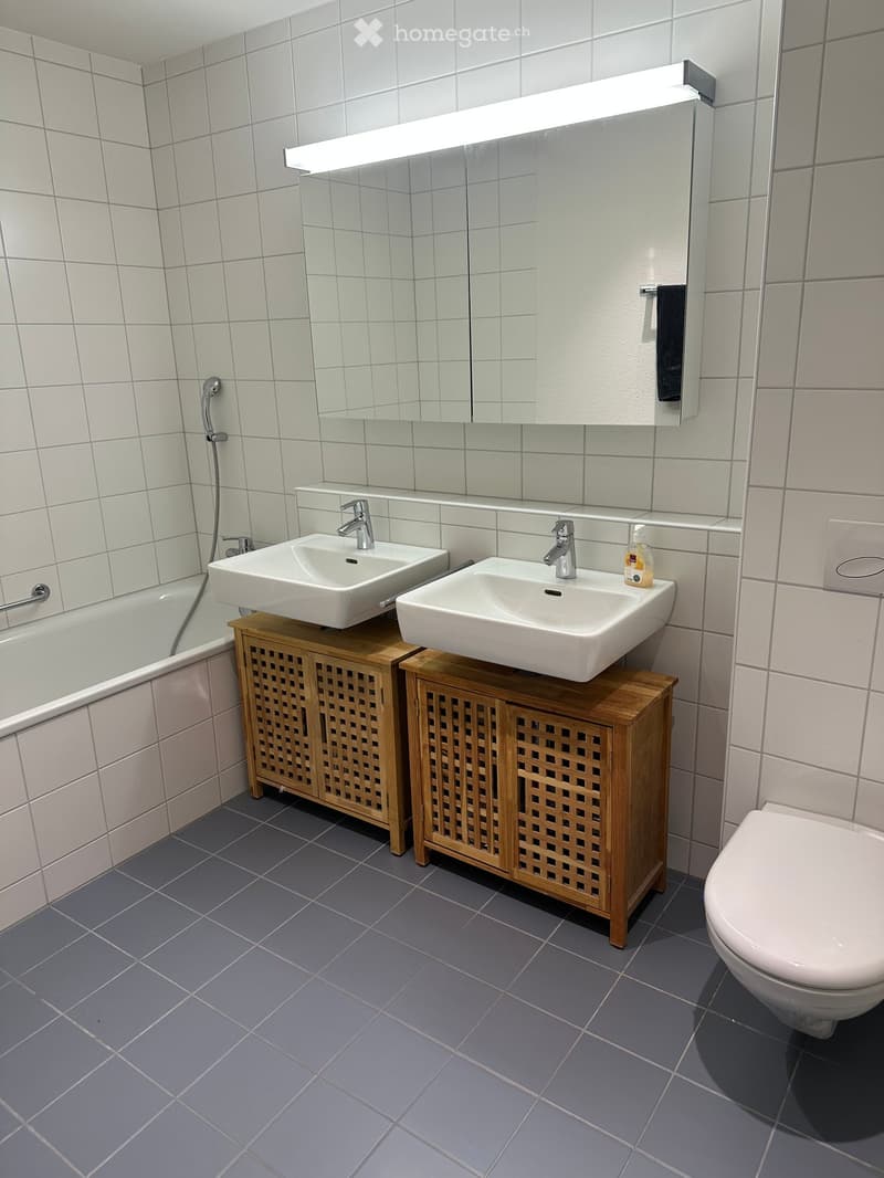 Modern bathroom with two white sinks on wooden cabinets, a bathtub, a toilet, and a large mirror with built-in lighting.