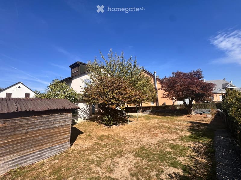Backyard with grass, trees, wooden shed, and neighboring houses visible in the background.