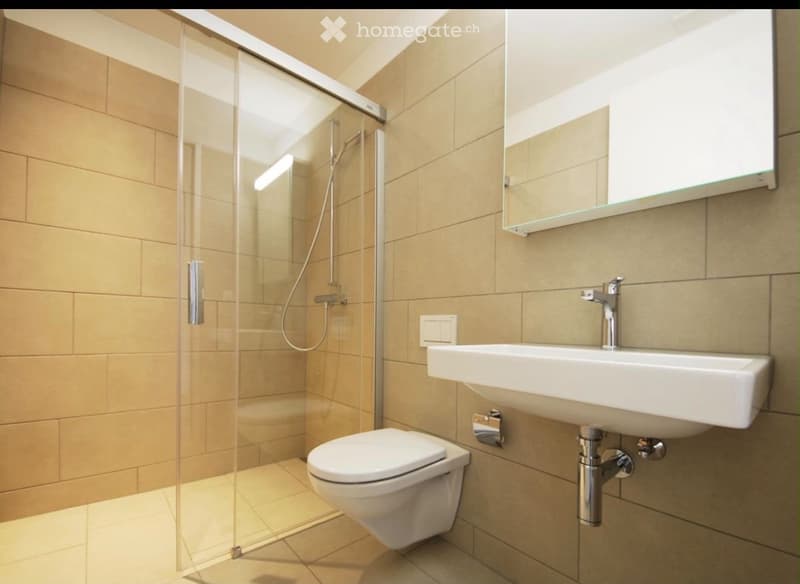 Modern bathroom with beige tiles, a glass-enclosed shower, a toilet, a sink with a mirror above it, and a modern faucet.