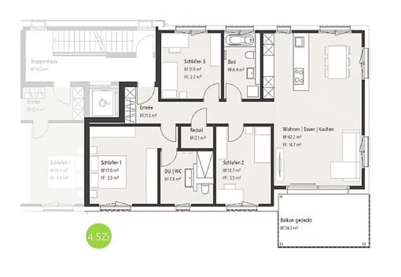Floor plan of a multi-room apartment with labeled rooms including bedrooms, bathrooms, living areas, and a balcony.