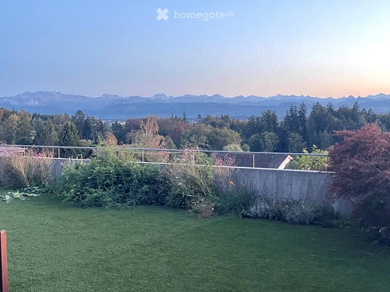 Well-maintained lawn with a metal railing, surrounded by trees and shrubs, with a scenic mountain view in the background.