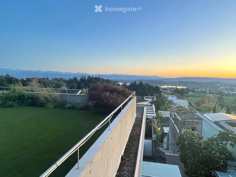A rooftop terrace with a grassy area, metal railing, and a panoramic view of a cityscape and mountains at sunset.