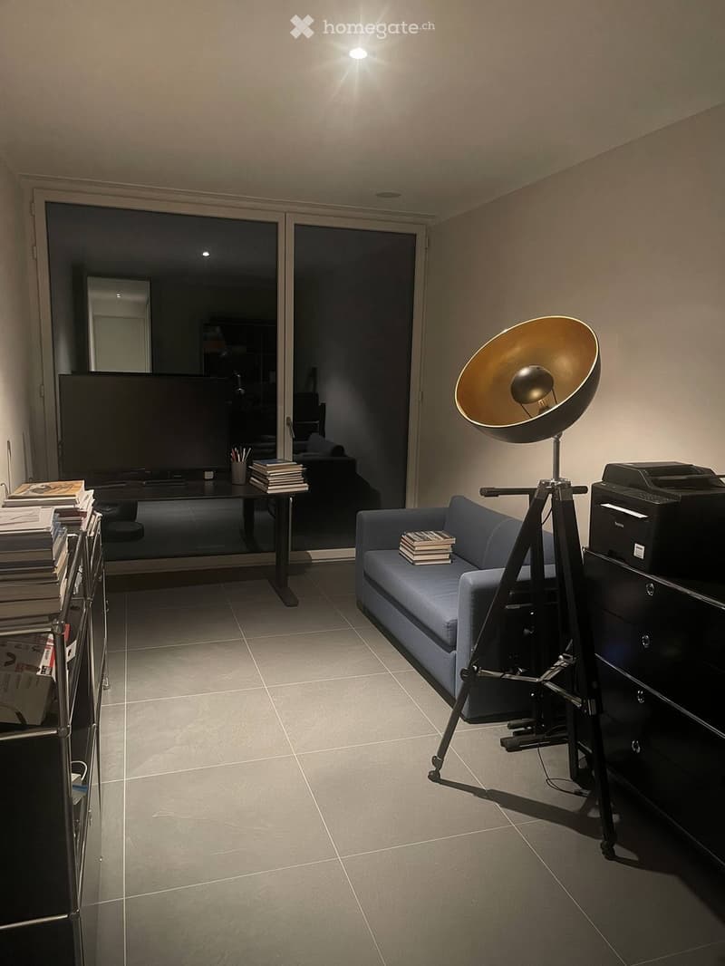 Modern living room with a grey sofa, a large screen, a table with books, a floor lamp, and a printer.