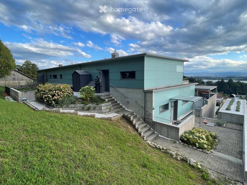 Modern, light blue house with a flat roof, situated on a raised ground floor with stone steps leading up to the entrance. The house features large windows and a small garden area with shrubs and a small shed.
