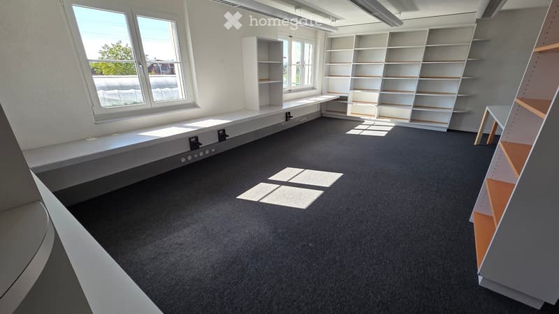 Empty room with grey carpet, white walls, large windows, built-in shelves, and a small table.