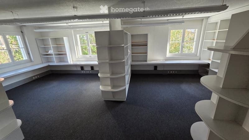 Empty room with white walls, grey carpet, built-in shelving units, and large windows allowing natural light.