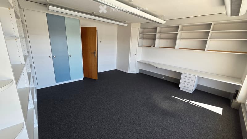 Empty room with white walls, grey carpet, built-in white shelving units, and a wooden door.