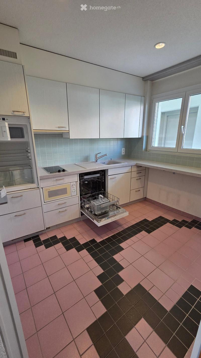 Modern kitchen with white cabinets, stainless steel appliances, and pink and black tiled floor.