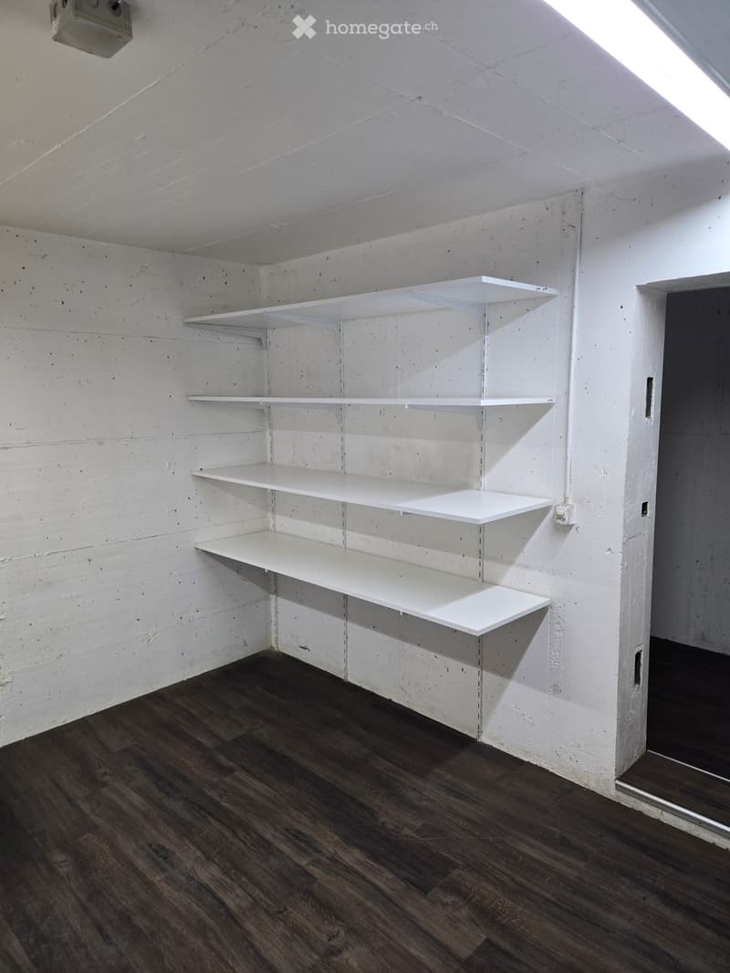 Empty room with white walls, dark wooden flooring, and white built-in shelves.