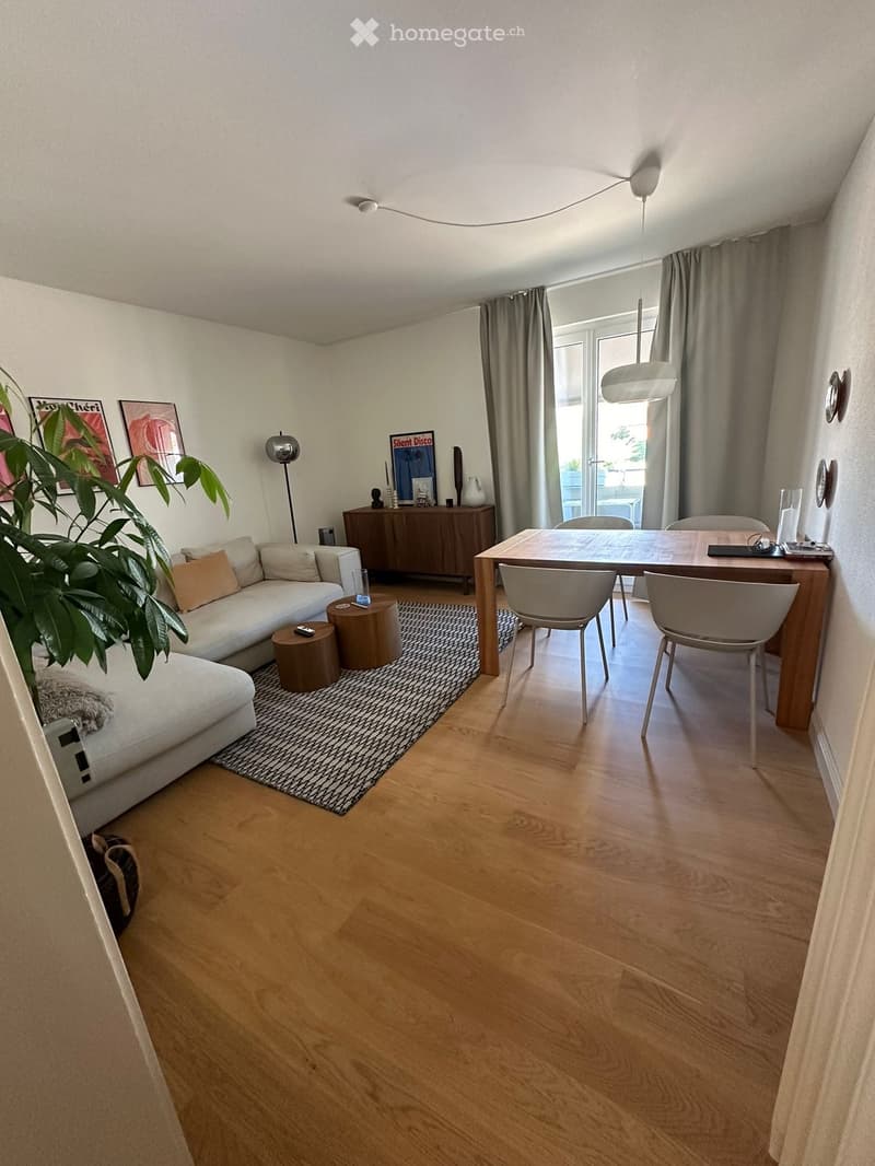 Living room with wooden floor, white walls, couch, coffee tables, dining table, chairs, rug, lamp, wooden cabinet, framed pictures, plant, and window with curtains.