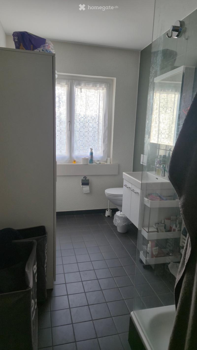 Modern bathroom with dark tiled floor, white walls, a toilet, a sink with a mirror cabinet, a glass-enclosed shower, and a window with a curtain. Toilet paper and a small bottle are placed on the windowsill.
