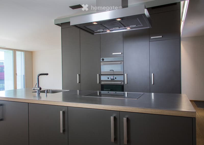 Modern kitchen with dark grey cabinets, stainless steel appliances, and a sleek countertop.