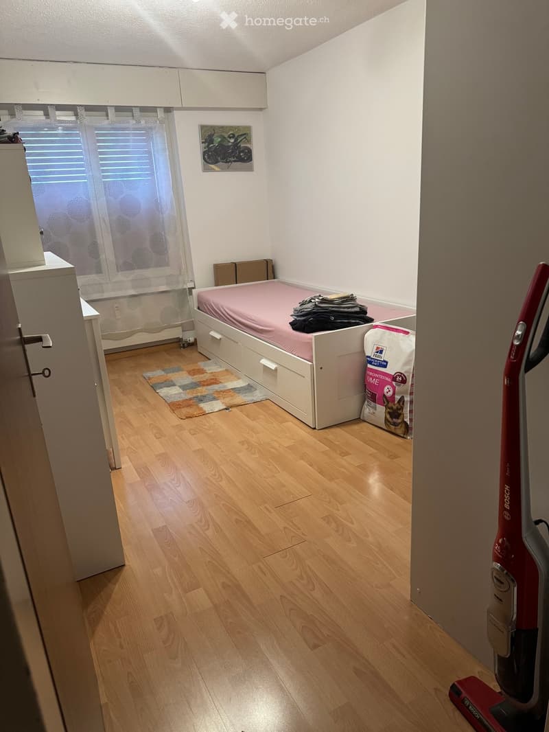 Cozy bedroom with a single bed, pink bedding, a small rug, a picture frame on the wall, and a bag of dog food on the floor.