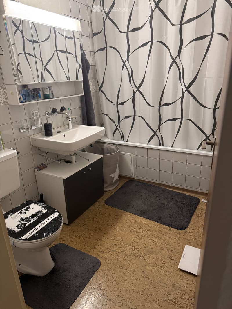 Modern bathroom with a white sink, toilet, bathtub, and shower curtain. Includes a mirror, cabinet, and bathmats on the floor.
