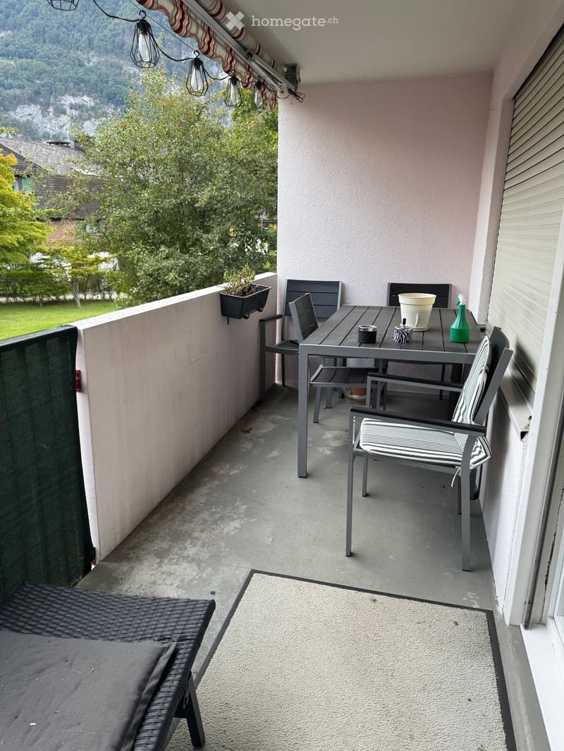 Balcony with a table, four chairs, a lounge chair, a small rug, and a potted plant, overlooking a green landscape.