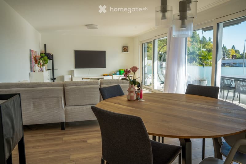 Modern living and dining area with a grey sectional sofa, wooden dining table with chairs, flat-screen TV, decorative vase with flowers, and a white cabinet with a picture frame on top.