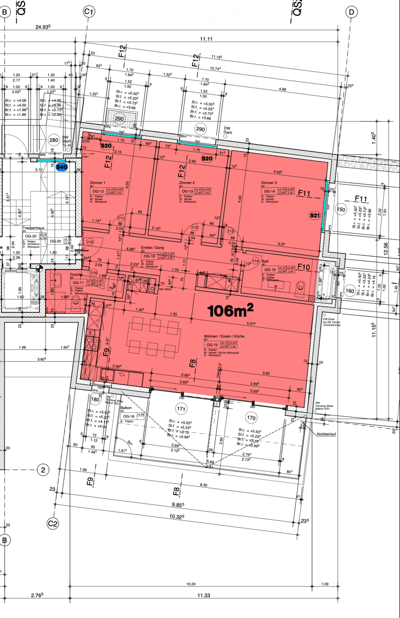 Floor plan of a residential unit with labeled rooms including living room, kitchen, bedrooms, bathrooms, and balcony.