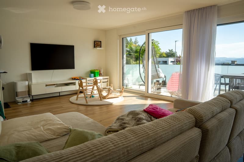 Bright living room with large windows and a balcony, featuring a sofa, television, and a rocking horse for children.
