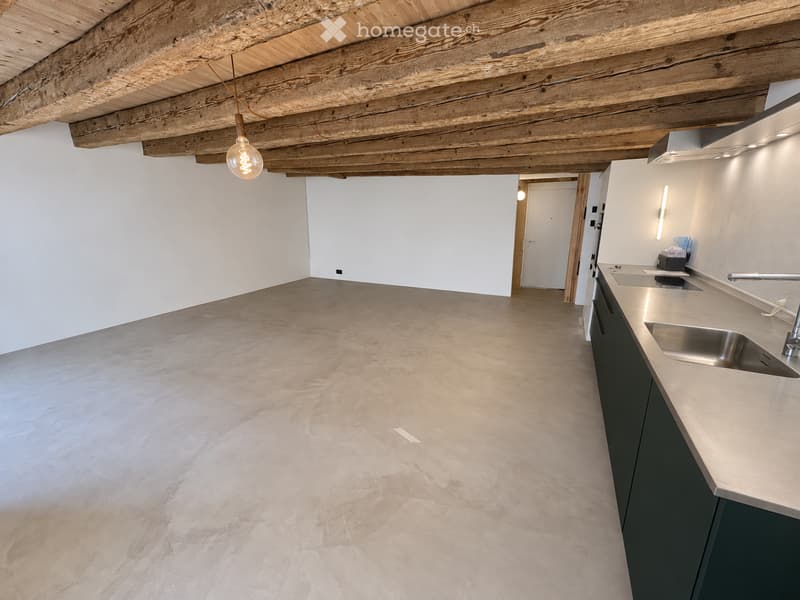 Open-plan space with exposed wooden beams on the ceiling, concrete floor, and a small kitchen area with stainless steel sink and dark cabinets.