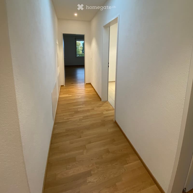 A narrow hallway with light wooden flooring and white walls, featuring two doors at the end and a small window letting in natural light.