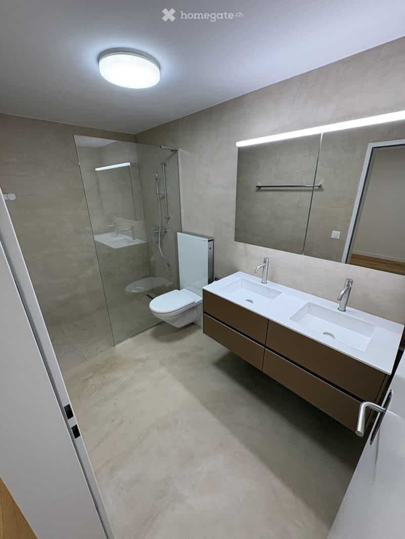 Modern bathroom with double sink, large mirror, toilet, and glass-enclosed shower area.