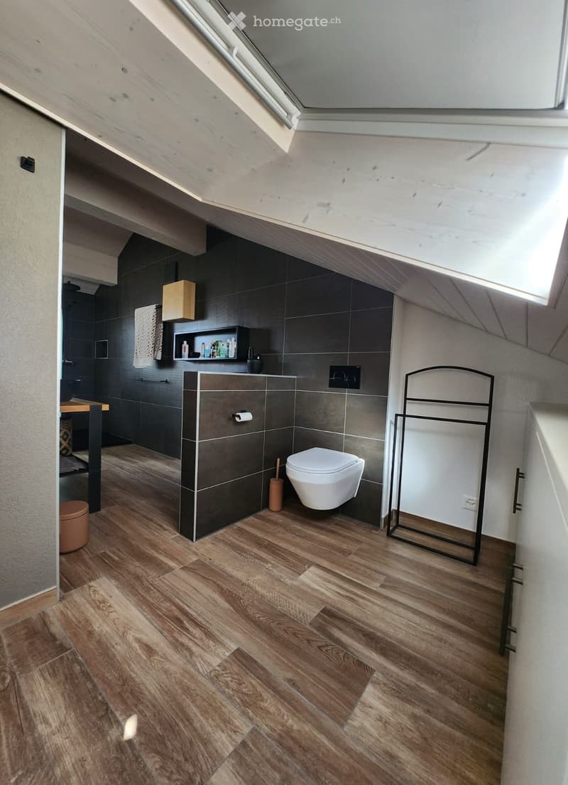 Modern bathroom with wooden flooring, dark tiled walls, toilet, shelves, and a small table.