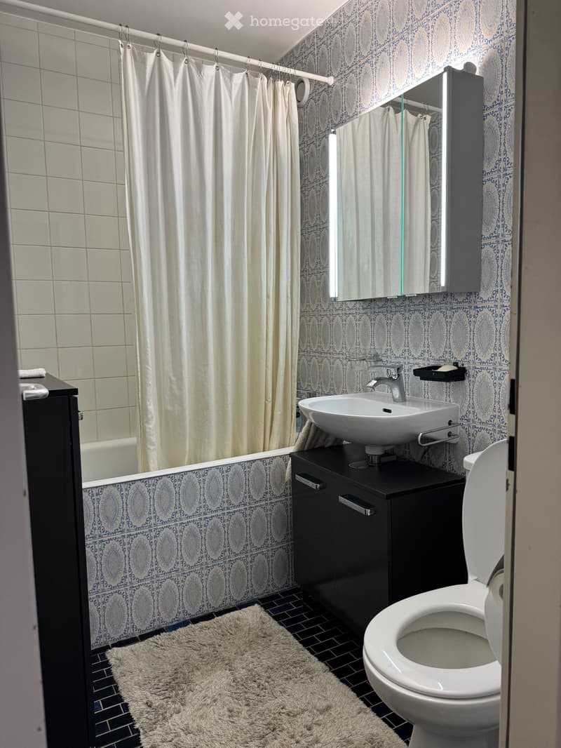 Modern bathroom with blue and white patterned tiles, a white sink with a modern faucet, a black cabinet, a toilet, a bathtub with a white shower curtain, and a fluffy white rug on the floor.