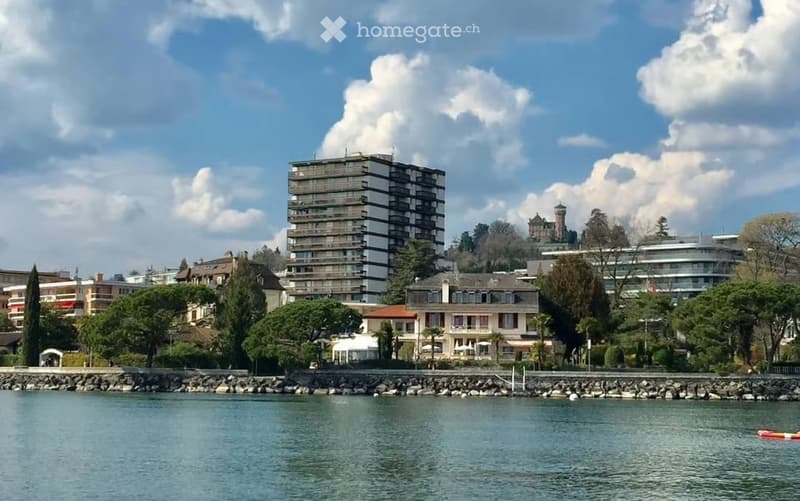 A scenic view of a waterfront area with a mix of residential and commercial buildings, including a prominent high-rise apartment building, a historic castle-like structure, and a variety of smaller houses and trees.