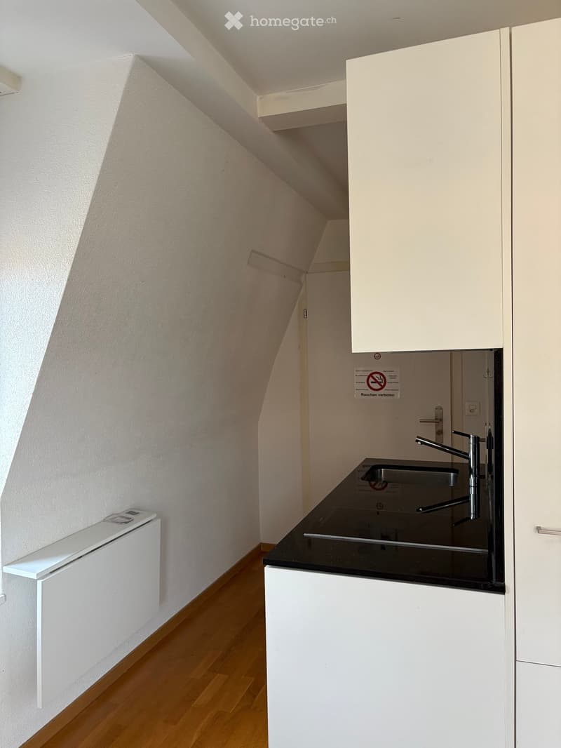 Compact kitchen with white cabinets, black countertop, and a single sink with a modern faucet. The space features wooden flooring and a slanted ceiling typical of an attic or loft area.