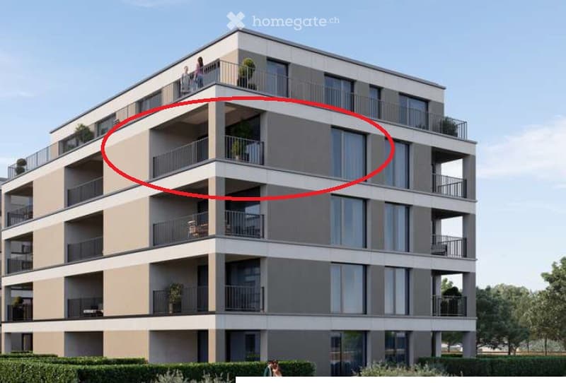 Modern multi-story apartment building with balconies and large windows.