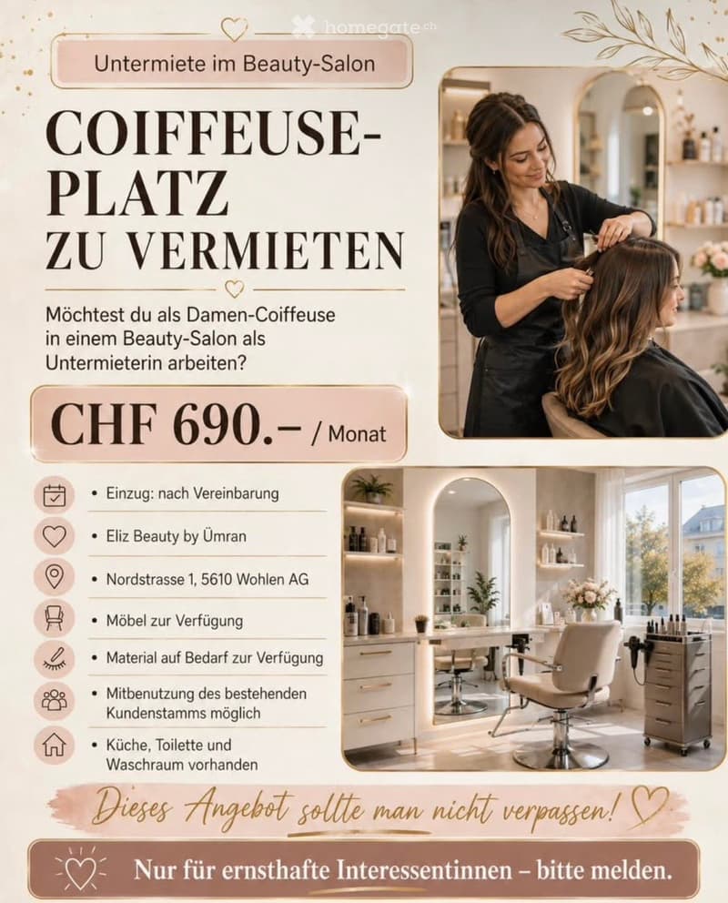 Beauty salon interior with a stylist chair, mirror, cabinet, shelves, and a small table.