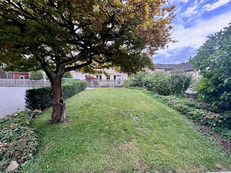 Well-maintained garden with a large tree, neatly trimmed grass, shrubs, and a white picket fence surrounding the property.
