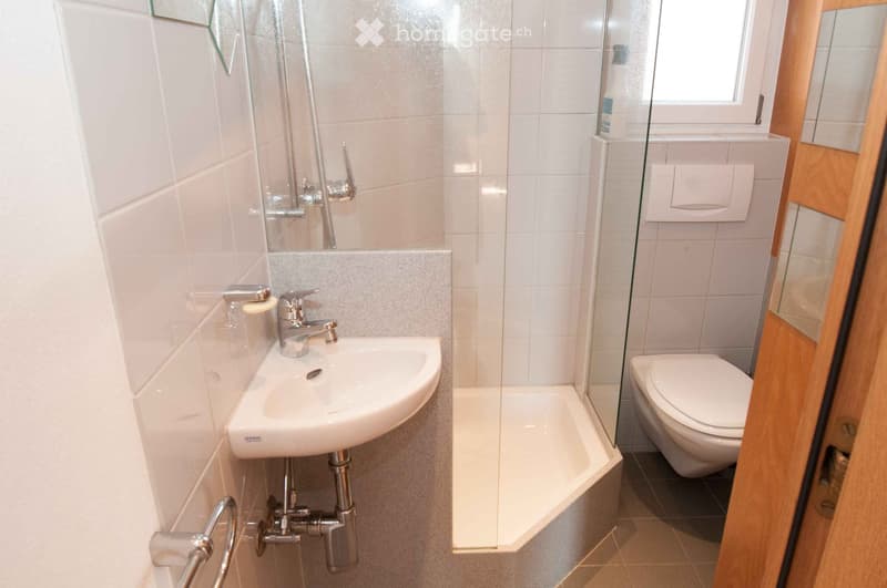 Modern bathroom with white tiles, a corner sink, a toilet, a small shower, and a mirror above the sink.