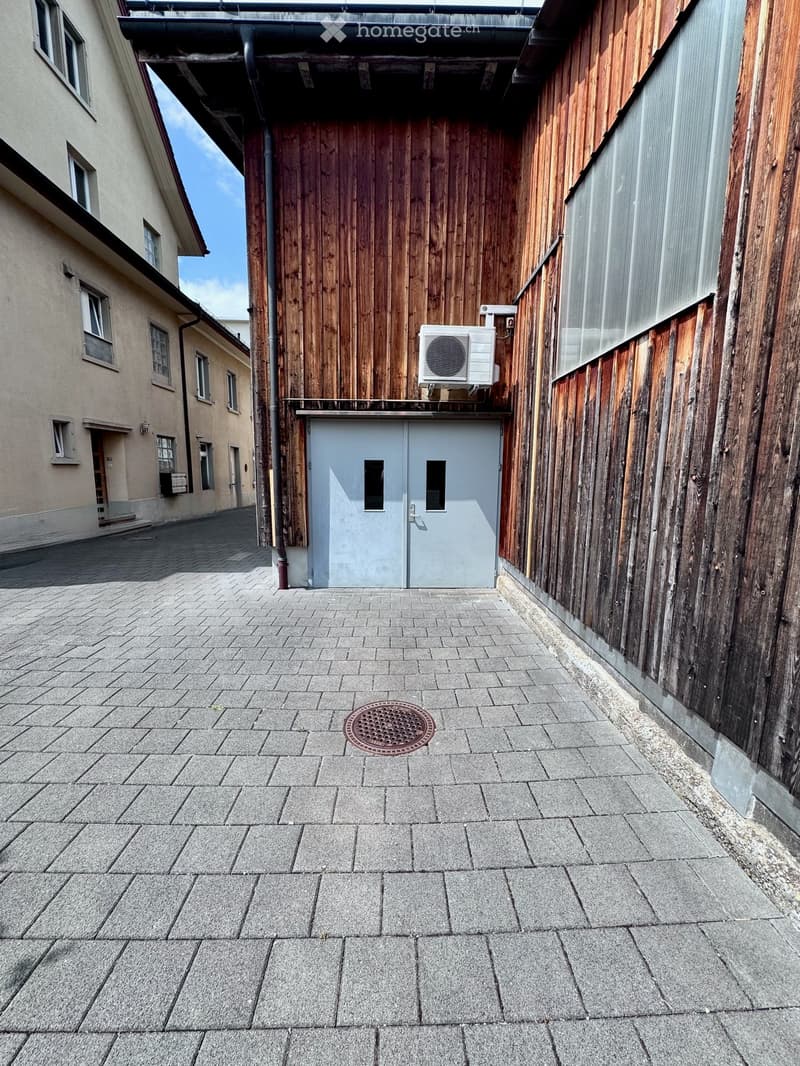 Narrow paved alleyway between two buildings, with a grey door, air conditioning unit, and manhole cover.