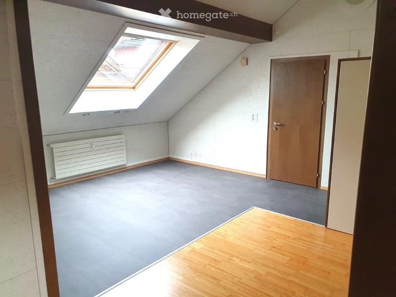 Empty attic room with wooden floor, grey carpeted area, skylight window, radiator, and a closed wooden door.