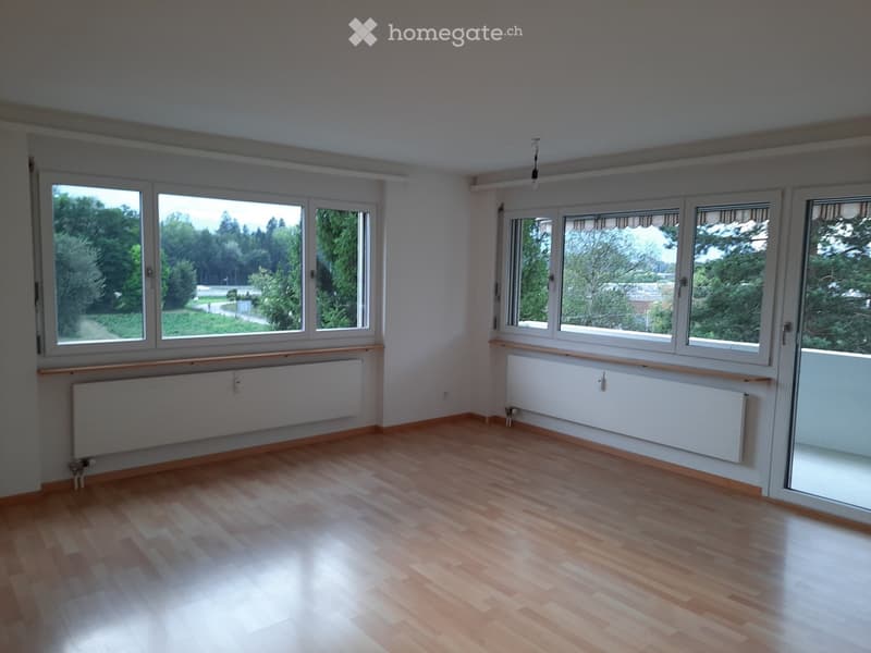 Empty room with wooden flooring, large windows, radiators, and a sliding glass door leading outside.