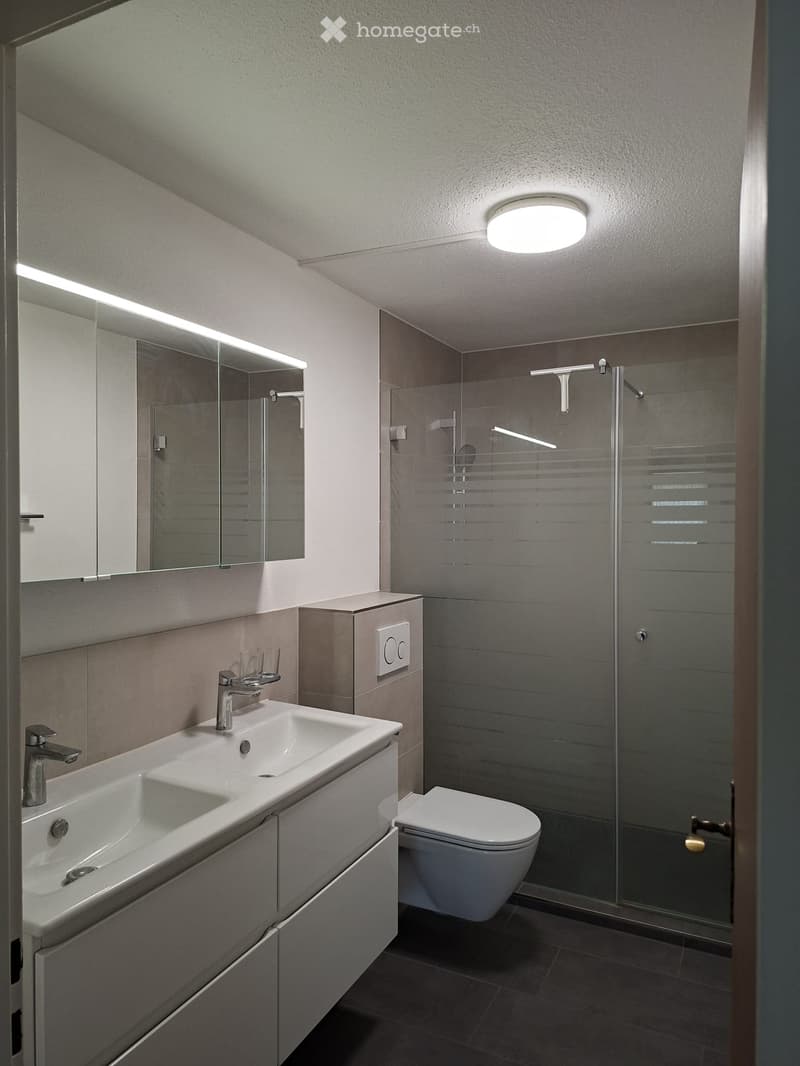Modern bathroom with a double sink, large mirror, toilet, and glass-enclosed shower. Features sleek fixtures and neutral tones.