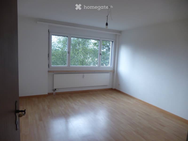 Empty room with wooden flooring, white walls, large windows, radiator, and a visible door handle.